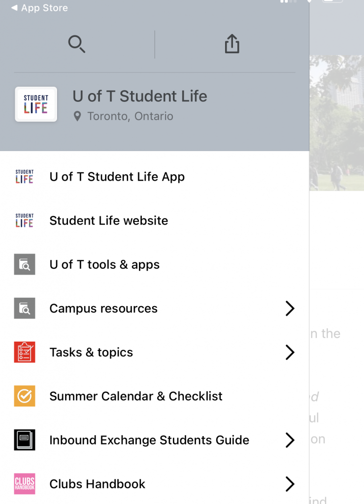 A photo of the U of T Student Life app menu