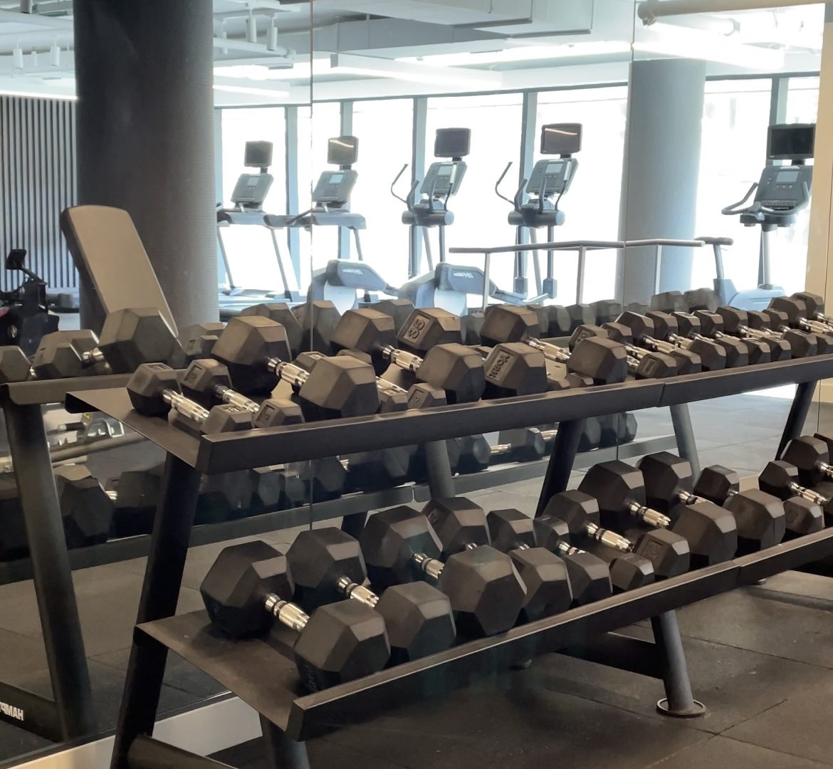 Picture of weights section at a gym