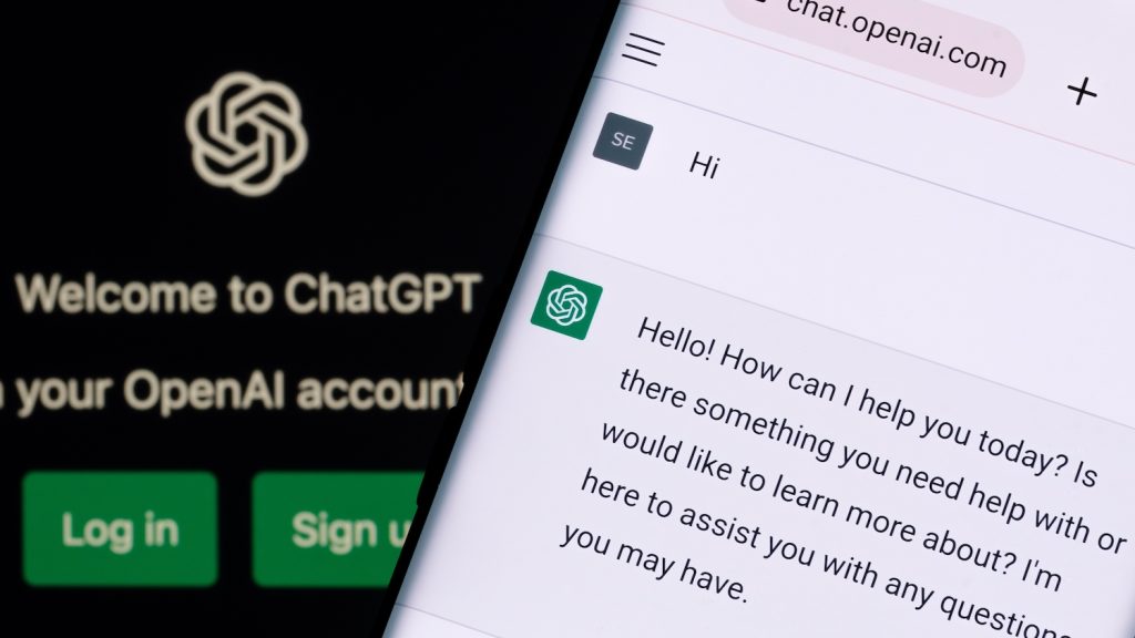 Photo of the ChatGPT home screen and an open chat on a phone screen
