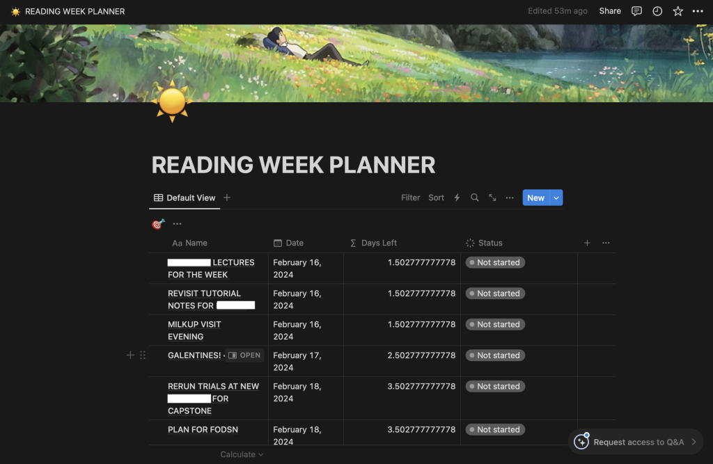 Screenshot of a planning app with events and dates