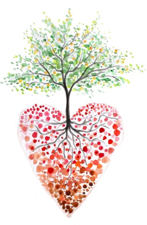 A watercolour illustration of a tree where the roots beneath grow into the shape of a colourful heart, and the tree is flourishing above ground with colourful and vibrant leaves. 