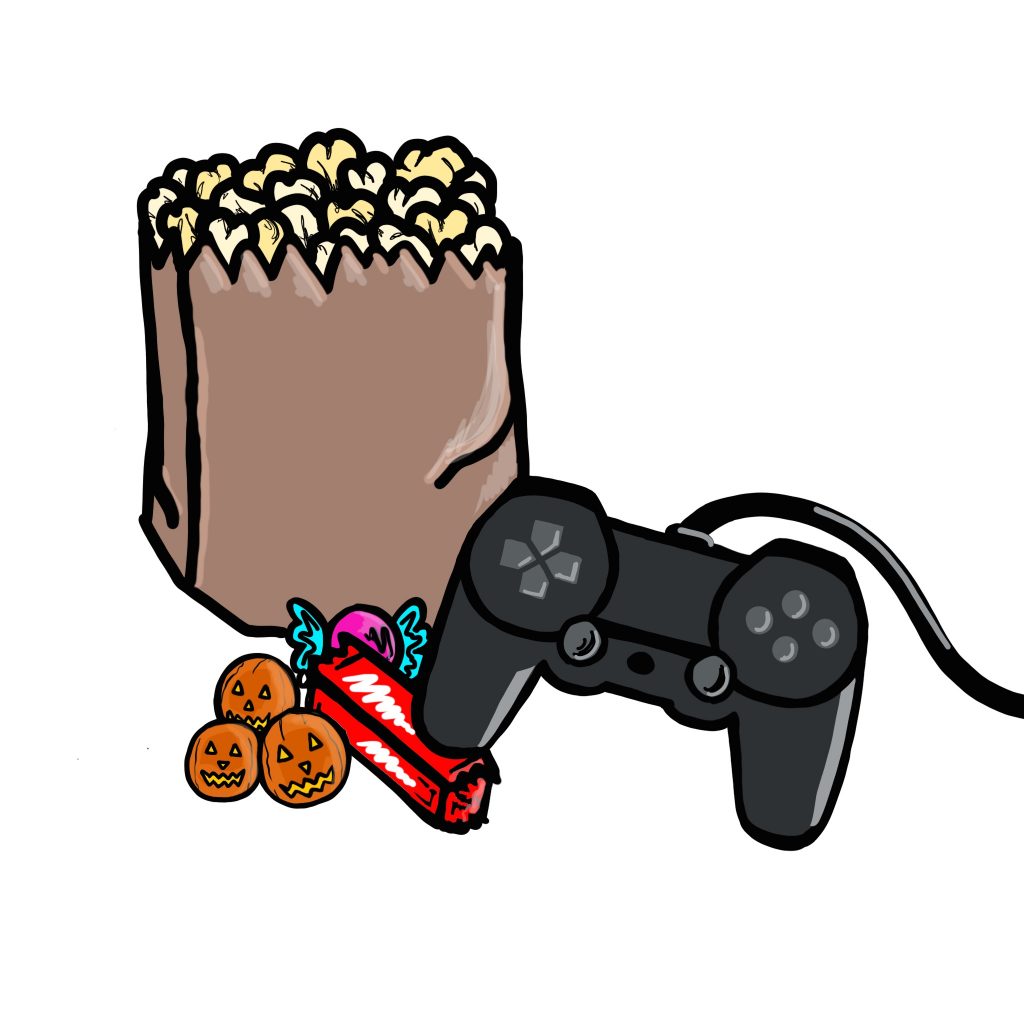 Illustration with a bag of popcorn, PlayStation gaming remote, and Halloween candy