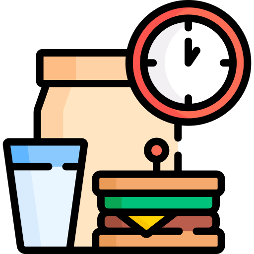 Icon representing lunch time, with a clock, drink, and sandwich. Icons made by https://www.freepik.com from https://www.flaticon.com/