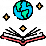 Icon of a book opening up to an illustration of the earth. Icons made by "https://www.freepik.com" from flaticon