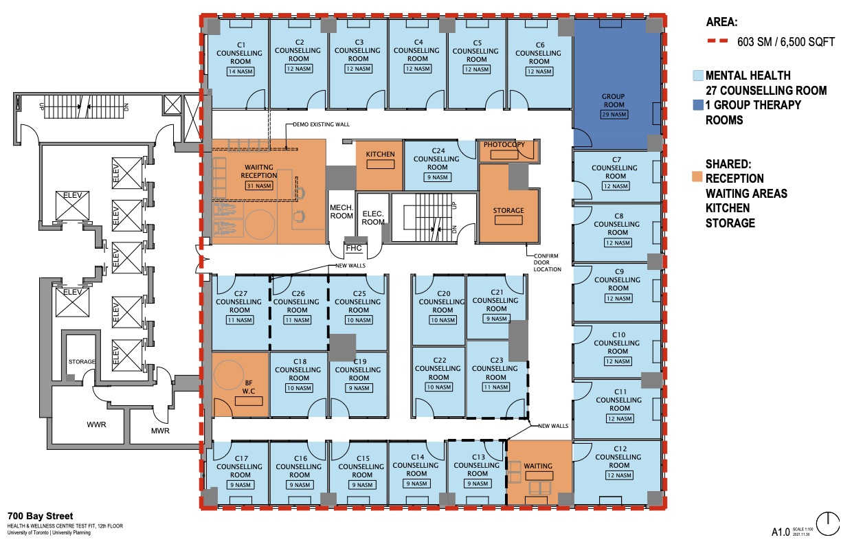 Image shows floor plan for a large group meeting room, 27 individual mental health counselling rooms, a kitchen, and storage and waiting rooms.