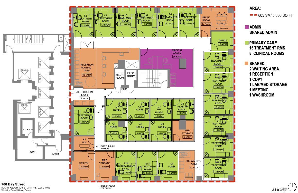 Image shows floor plan including a shared Admin space; 15 treatment rooms and 8 clinical rooms for primary care. Shared spaces shown include 2 waiting areas, reception, a copy room, lab/med storage, 1 meeting room, and one washroom.