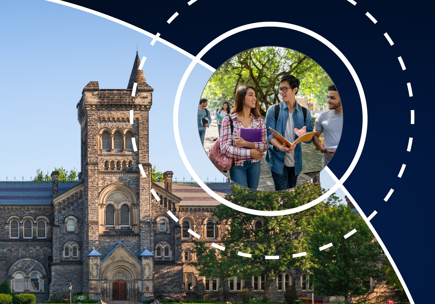 students walking on campus and image of University College, U of T