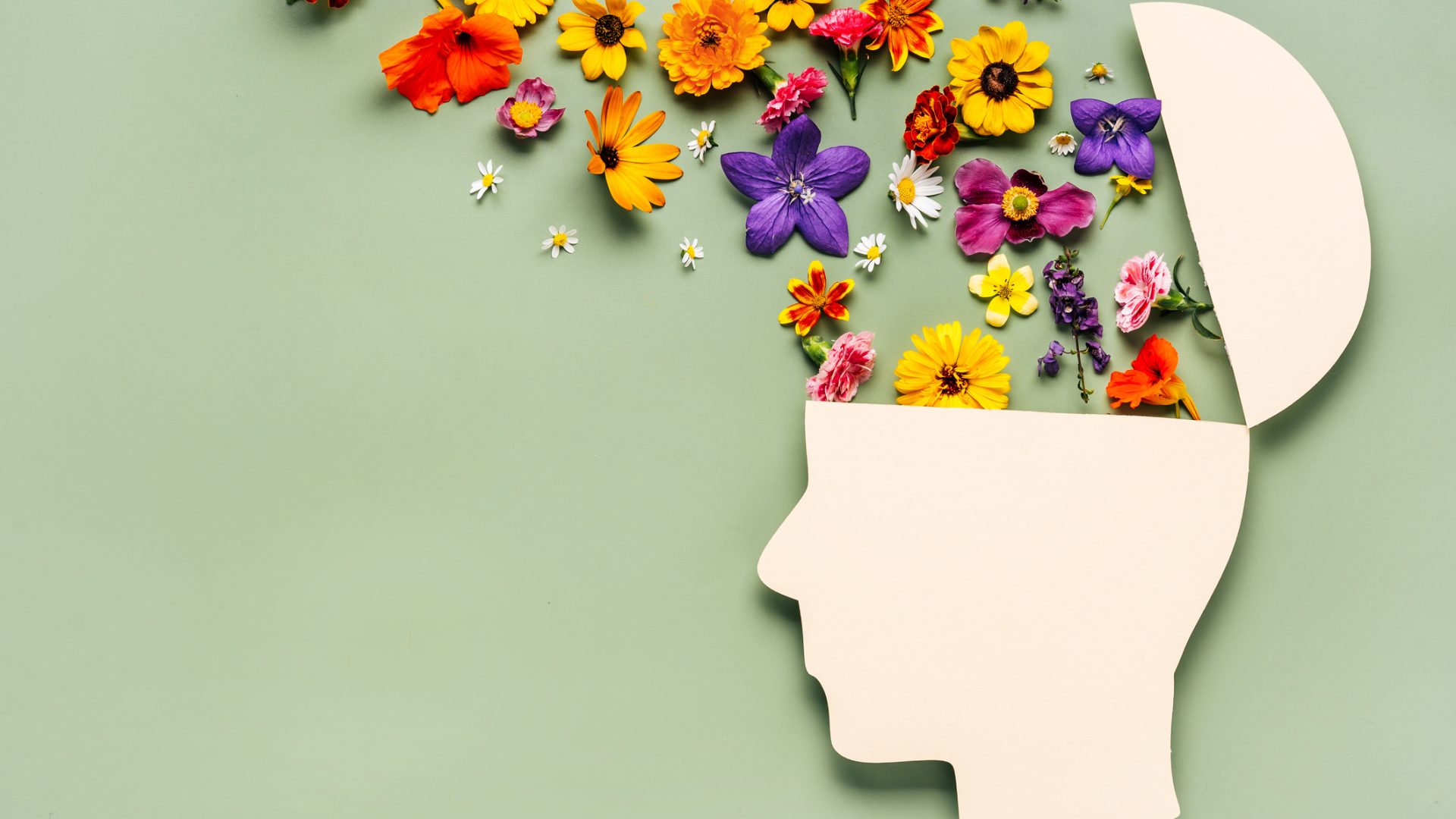 Paper human head symbol and flowers on blue background