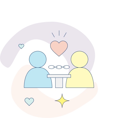 Two people are connected by a link and are surrounded by hearts and sparkles.