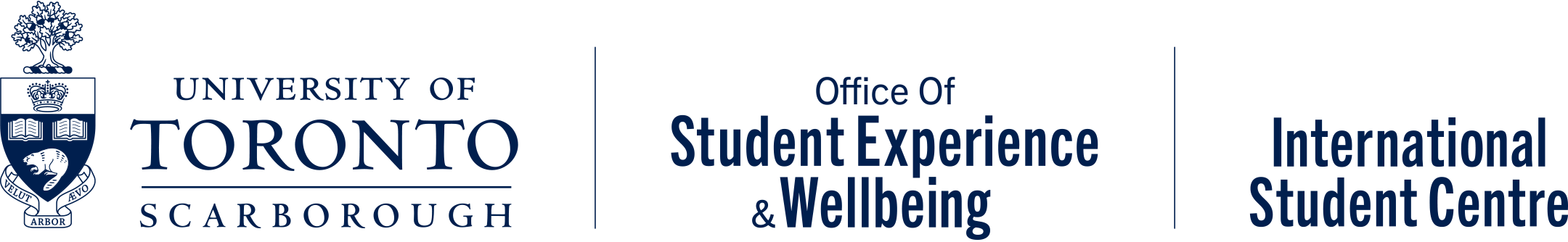 Logos of University of Toronto Scarborough with crest next to text logo of Office of Student Experience & Wellbeing, next to International Education Centre in navy