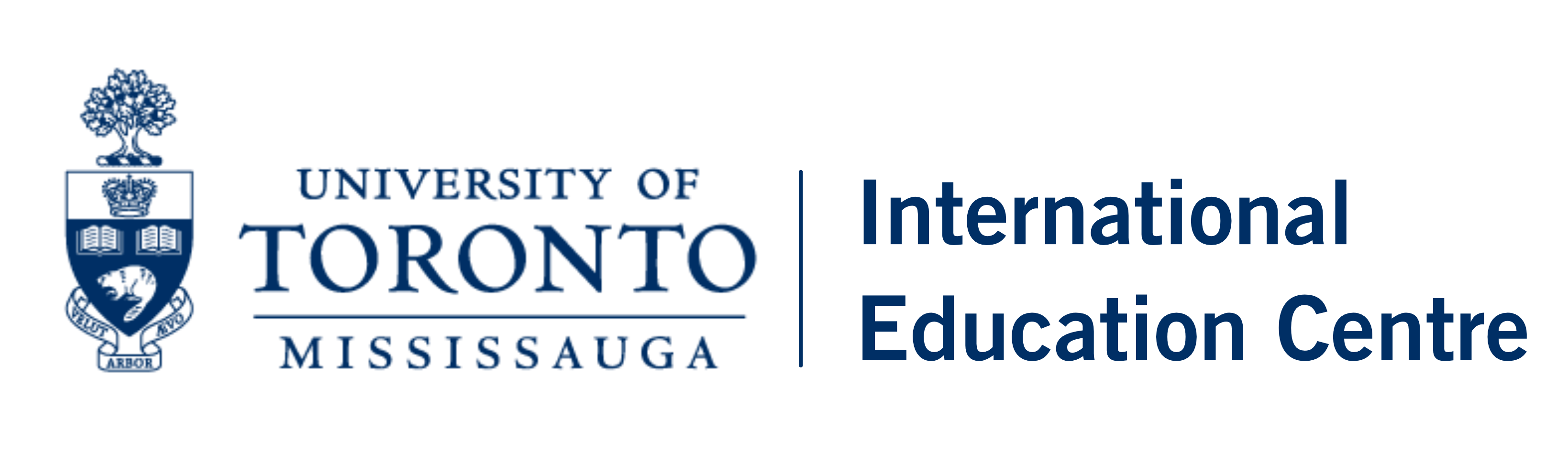 Logo of University of Toronto Mississauga with crest next to text logo of International Education Centre in navy.