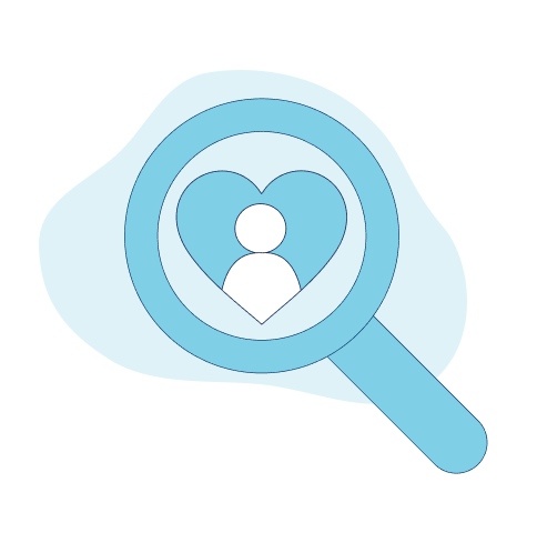 Blue magnifying glass pointing at a heart with a person inside.