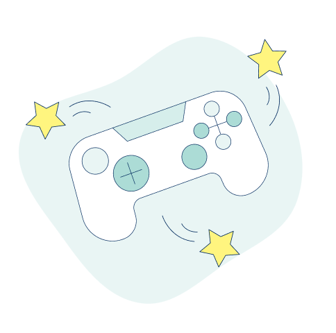 Icon of video game controller surrounded by stars