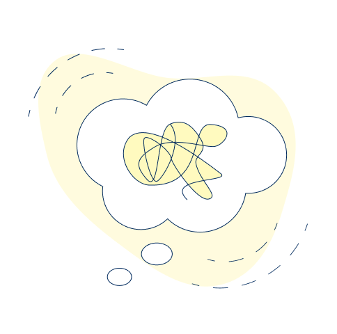 A thought bubble with scribbles surrounded by dotted lines.