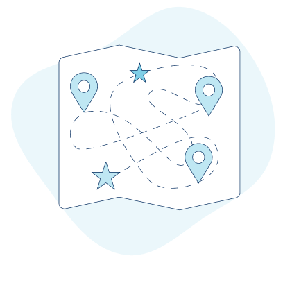 Map with markers, dotted lines, and stars