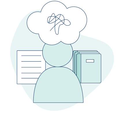 a person surrounded by a thought bubble and documents