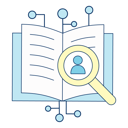 Book with a magnifying glass over a person, general icons for key findings