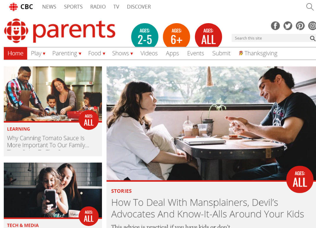 A screenshot of the homepage of the CBC Parents website.