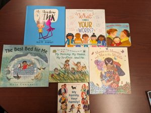 A sample of the children's book recommendations about pronouns and gender expression laid out on a table 