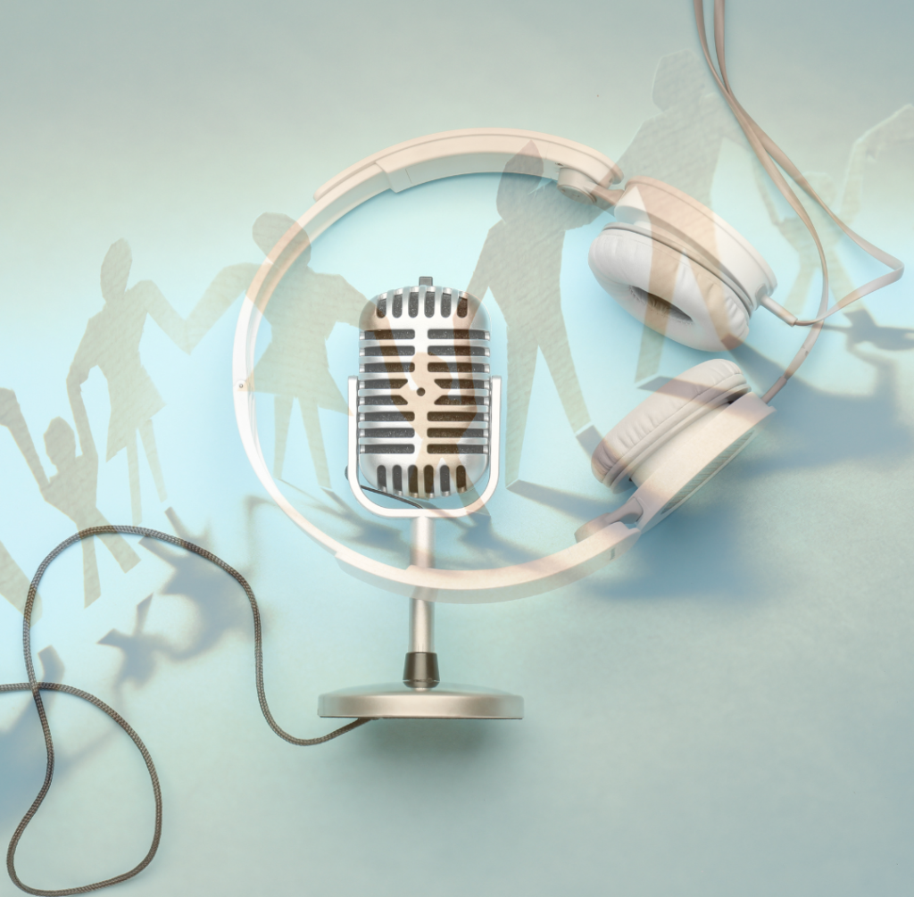 Image of headphones and microphone used for recording podcasts with an image of cutout paper people overlayed on top.