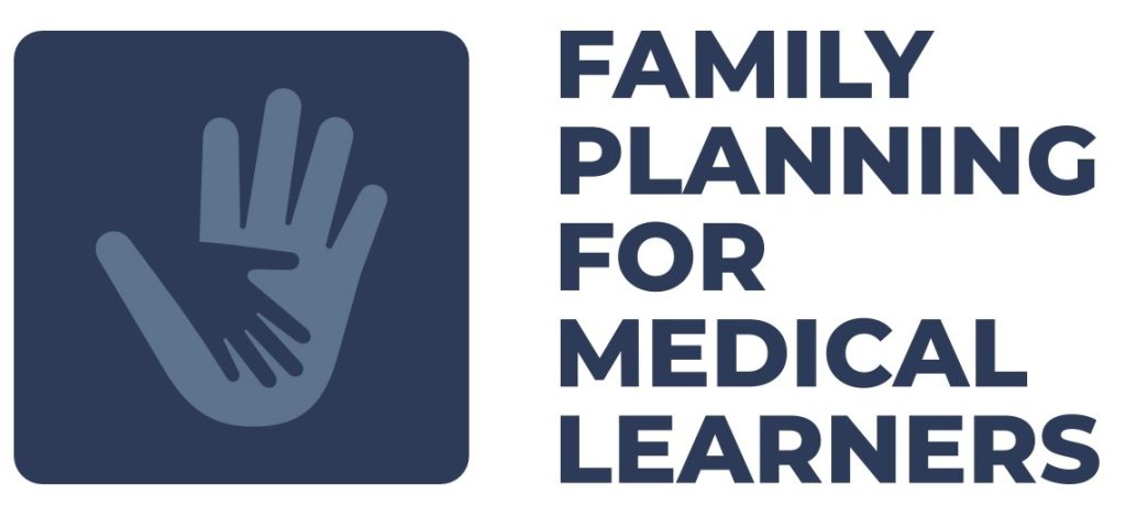 Navy square with light blue palm with a smaller navy hand laid overtop. Beside the square there is the title of the organization: Family Planning for Medical Learners.