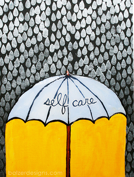 Painting of an umbrella (representing and labelled as "self-care") in the rain.