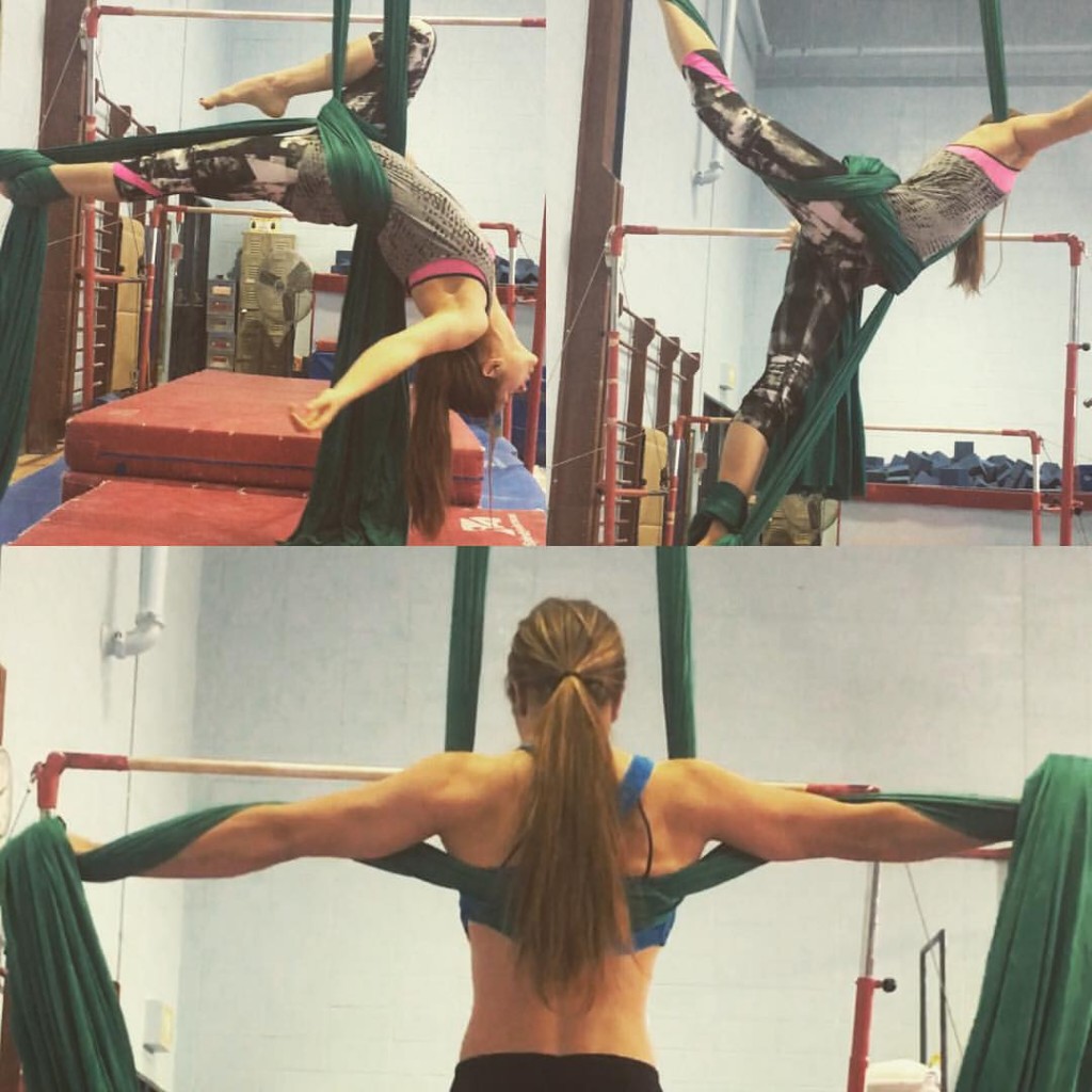 Annette is shown in three poses on aerial silks.
