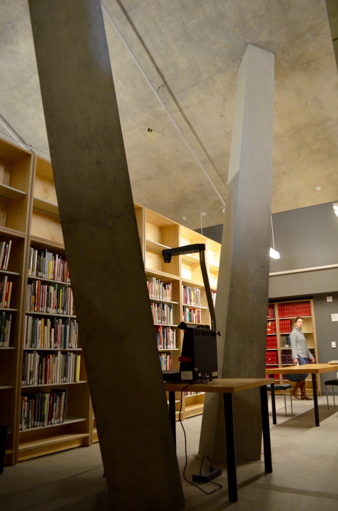 The basement level of Daniels library with two huge concrete pillars