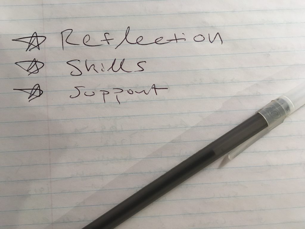 Photo of lined paper with the words "Reflection, Skills, Support"