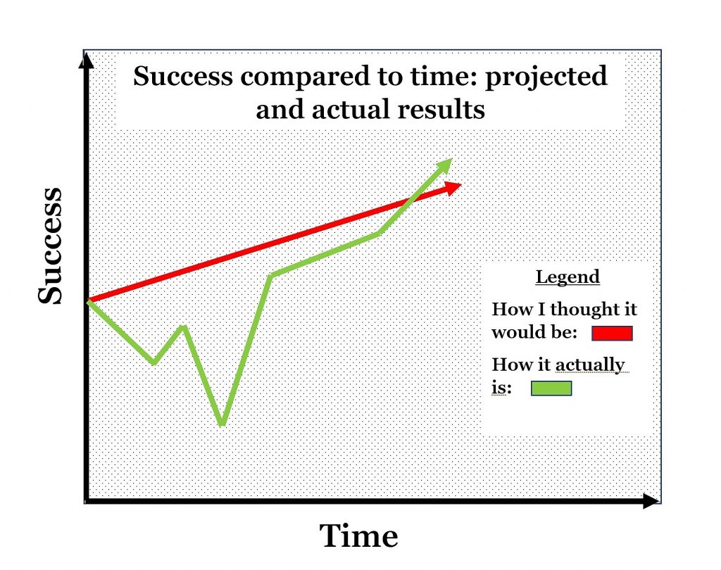 graph depicting time on the x-axis and success on the y-axis. Shows two lines: one line has a straight upwards trend, and is meant to indicate the projected trajectory of success. The other line goes up and down sporadically - meant to depict how success and failure really are