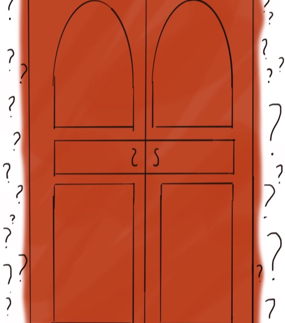 a red door surrounded by question marks