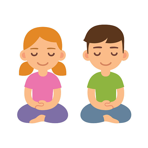 Cartoon meditating children, boy and girl. Cute meditation and mindfullness illustration.