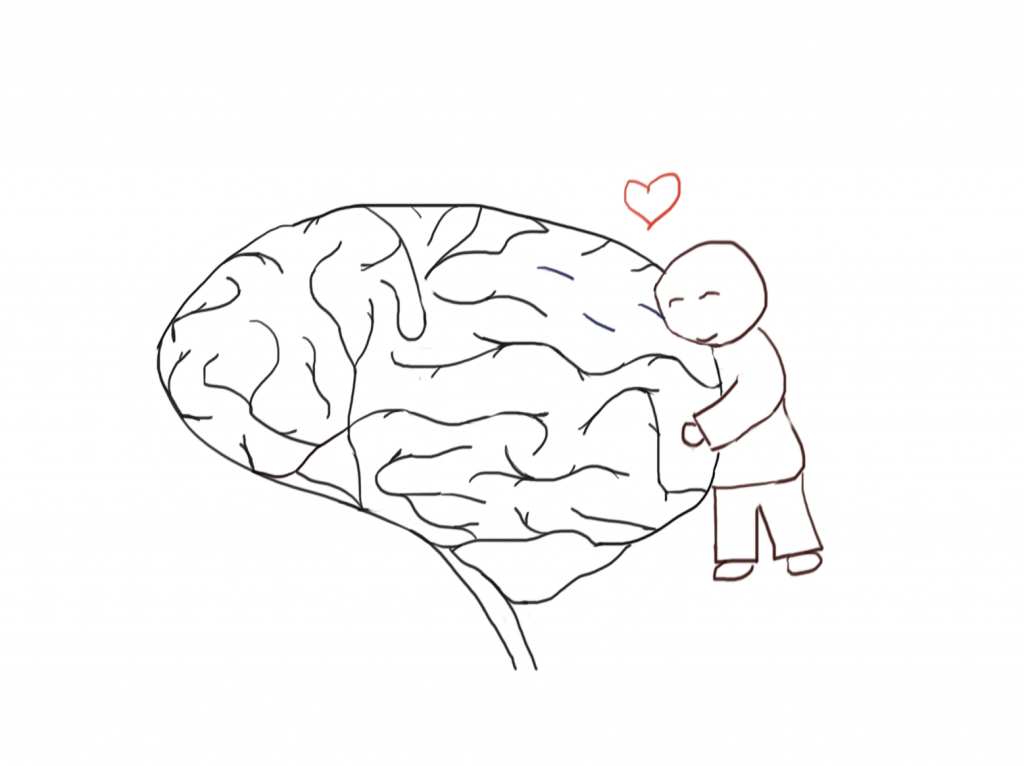 a sketch of a figure hugging a brain