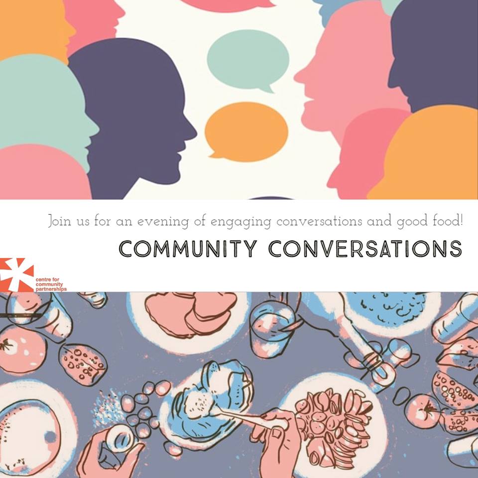 Promotional poster for the event with colorful images and large words that say "Community Conversations"
