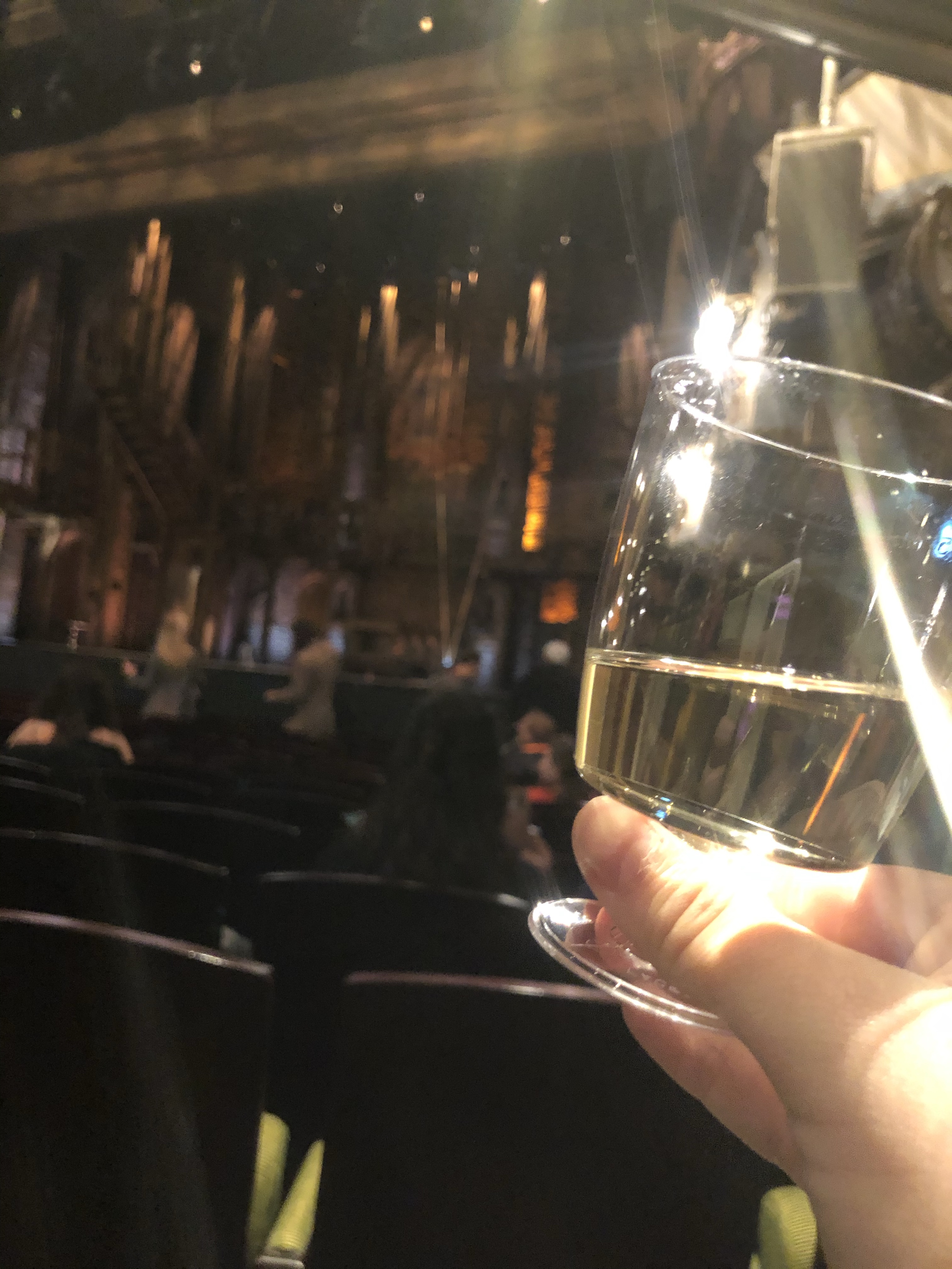 A cup of wine lifted in front of the Hamilton stage.
