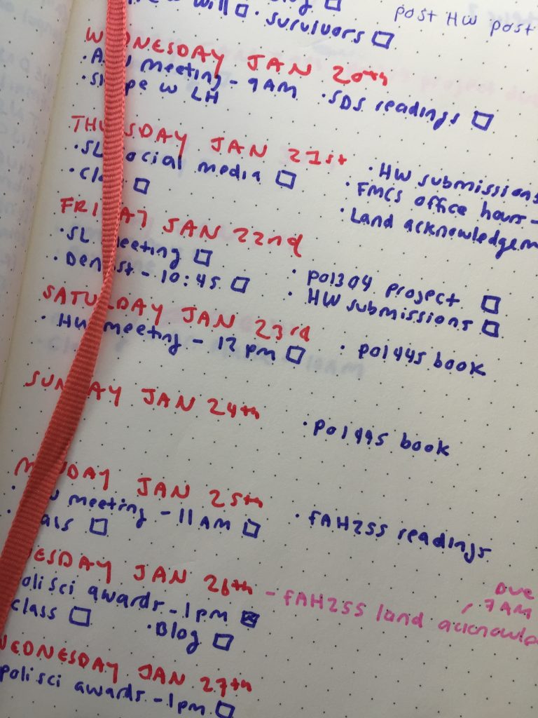 A picture of a list of dates and corresponding tasks in a bullet journal