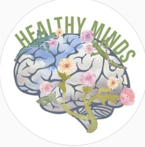 a multicoloured brain with flowers poking through, underneath the words "Healthy Minds" 