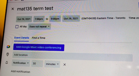 A google calendar event with the text "mat135 term test"
