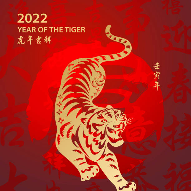A tiger with a red background. Text reads"2022 Year of the Tiger"