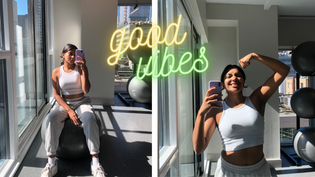 Anisha pictured on a yoga ball with the text, "good vibes" overlayed.