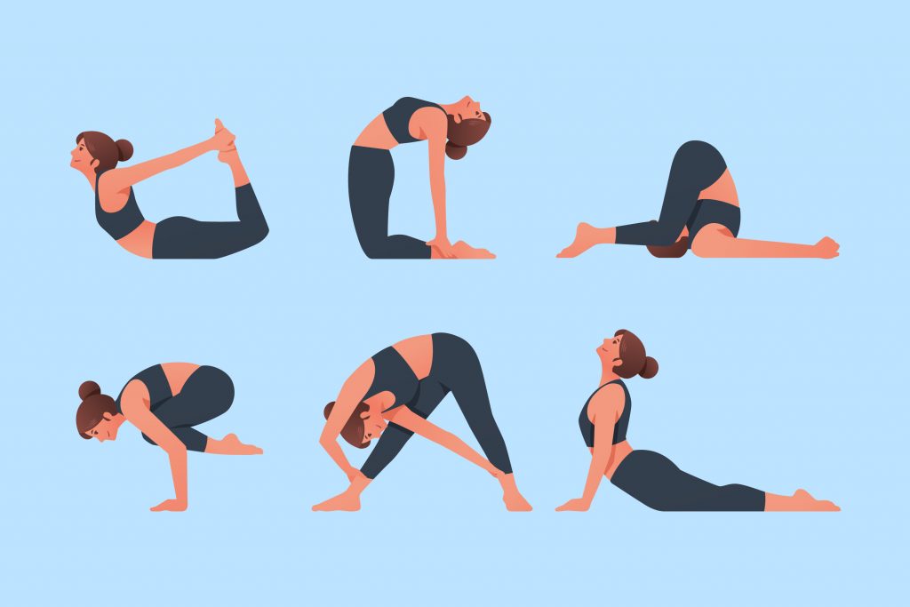 illustration of a figure in 6 different yoga poses against a blue background