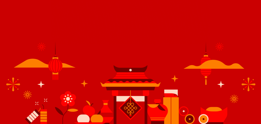 Red background, with a cartoon red temple, lanterns, candles fruits and flowers
