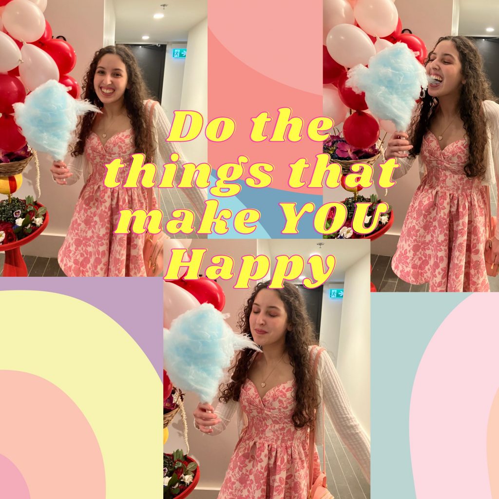 Images of Sammi in a pink dress with blue cotton candy with the text "Do the things that make you happy"