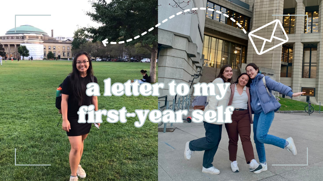 TEXT: A letter to my first-year self, 1) photo of Jessica in front of Kings College circle, 2) photo of Jessica with her friends in front of Robarts