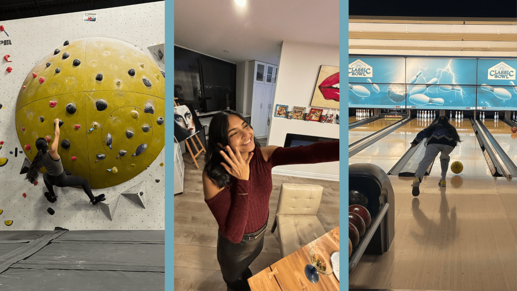 3 photos side-by-side of a person rock climbing, smiling with their hand up, and bowling