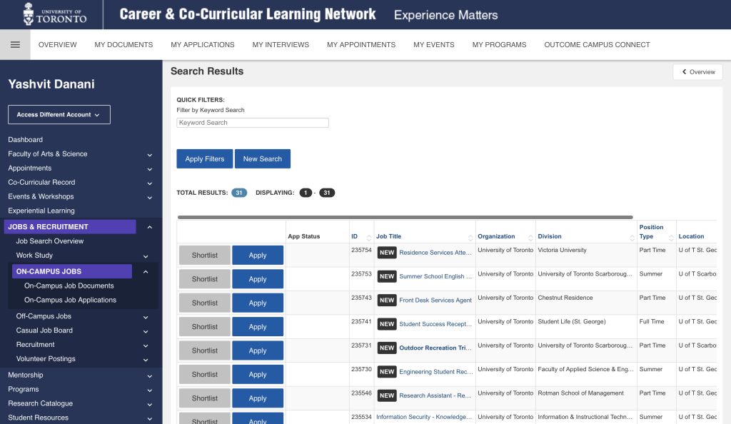 Screenshot of the CLNx on-campus job search page