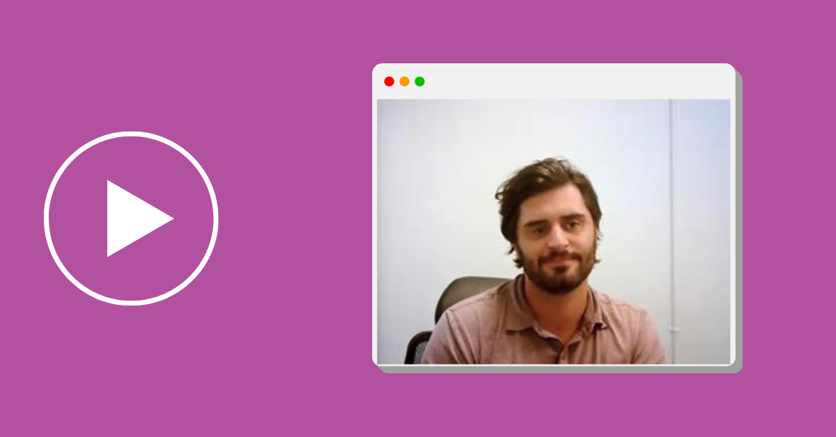 Trent on a Zoom call beside a white "Play" button